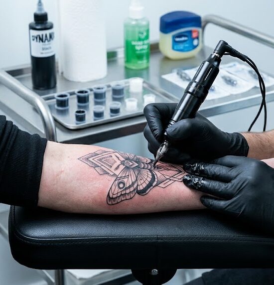 Kadr ukazujący przedramię klienta w trakcie tatuowania.