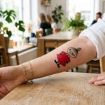 Precyzyjny, minimalistyczny tatuaż Małej Mi na przedramieniu