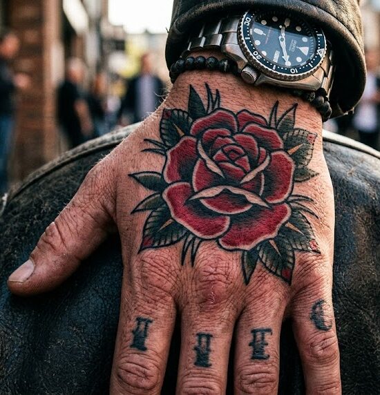 W centralnym punkcie widnieje klasyczna, potężna róża w stylu Traditional