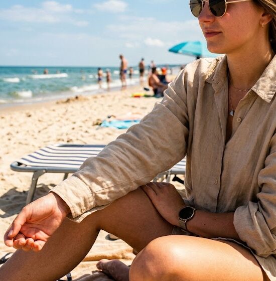 Kobieta z zasłoniętym tatuażem przez koszulę na plaży
